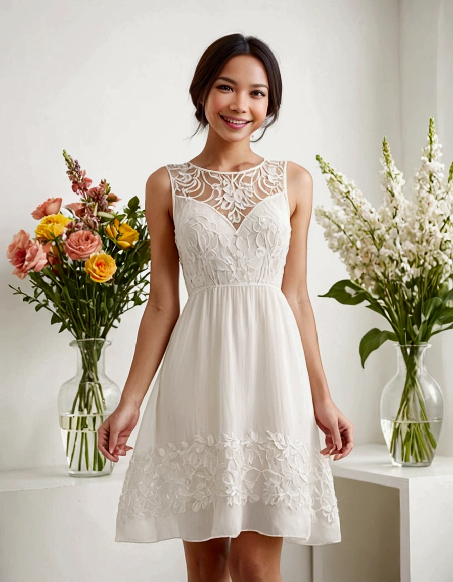 A lovely woman (simple sheer dress, joyous expression, pure love), posing near a flower vase, plain white room backdrop, well lit
