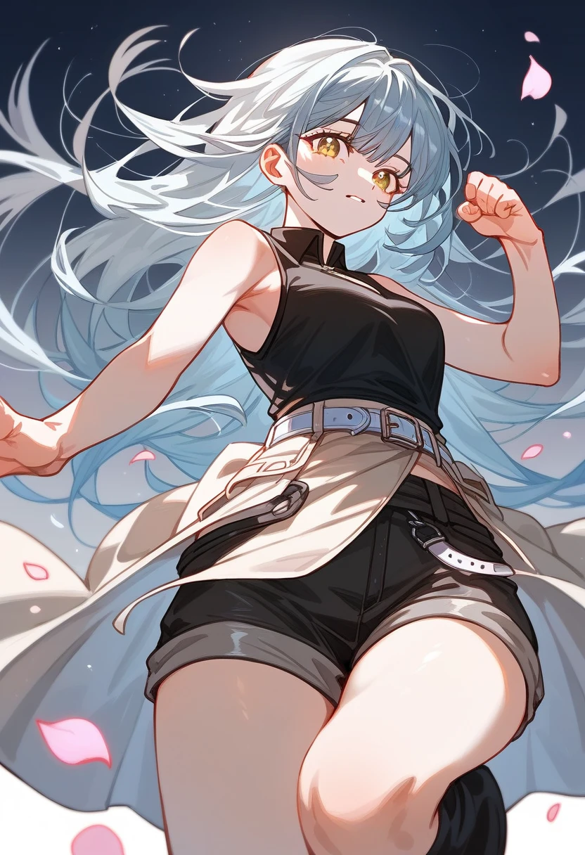 Dynamic pose, neat black sleeveless, yellow eyes, gray long hair, light blue petals, shorts, ((high definition)), lap belt, wing belt, ((bangs))