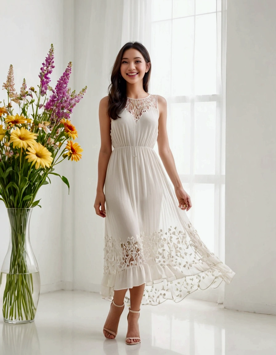 A lovely woman (simple sheer dress, joyous expression, pure love), posing near a flower vase, plain white room backdrop, well lit