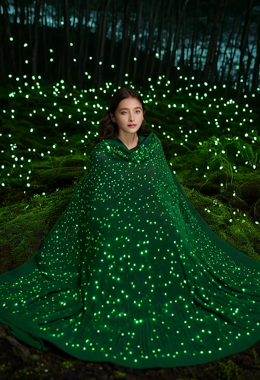 A surreal landscape unfolds under the starry night sky of Jeju Island, where fireflies dance in mesmerizing harmony. A young woman, adorned with dark brown hair and oval facial features, lies serenely on moss-covered ground, wrapped in a forest green shawl that harmonizes with the surroundings. The soft glow of fireflies reflects off her face, imbuing an ethereal radiance. Minimal yet elegant accessories - silver bracelet and stud earrings - complement her peaceful expression and relaxed pose, as she gazes upward, immersed in the tranquil atmosphere.