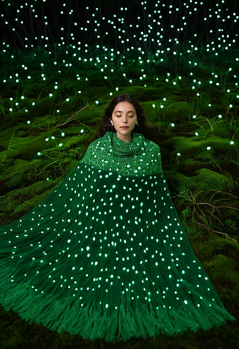 A surreal landscape unfolds under the starry night sky of Jeju Island, where fireflies dance in mesmerizing harmony. A young woman, adorned with dark brown hair and oval facial features, lies serenely on moss-covered ground, wrapped in a forest green shawl that harmonizes with the surroundings. The soft glow of fireflies reflects off her face, imbuing an ethereal radiance. Minimal yet elegant accessories - silver bracelet and stud earrings - complement her peaceful expression and relaxed pose, as she gazes upward, immersed in the tranquil atmosphere.