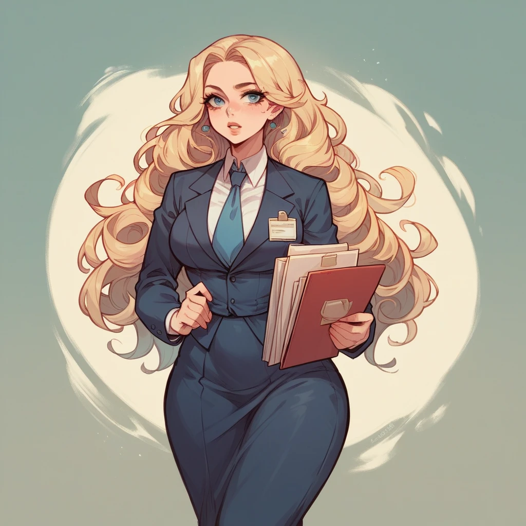 Beautiful woman 25 years old, not very high, long curly light blonde hair, Thin waist, big tits, well-shaped and large hips. She wears a secretary uniform with a tie, she is walking through the offices, carry a folder, She's irritated