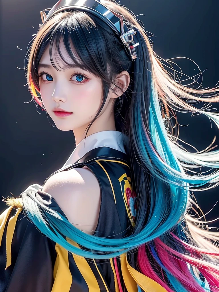 40-year-old Japanese woman、Black Hair、Hair is very short、Twin tails、Hatsune Miku Costume、Headphones、Flat Chest、Realistic photos、Realistic、8K quality、expensive、No bangs、High resolution, Highest quality, Anatomically correct, Winner of numerous awards, looking at the audience, large watery eyes, (rainbow colored hair：1.6), color splash, （solo：1.8）, color splash, color explosion, thick paint style, messy lines, ((shining))，(colorful), (colorful), (colorful), colorful, Thick Paint Style, (Splash) (Color Splash), Vertical Painting, Upper Body, Paint Splash, Acrylic Pigment, Gradient, Paint, Highest Image Quality, Highest Quality, Masterpiece, solo, Depth of Field (elegant: 1.3), (((masterpiece))),(((best quality))),((ultra-detailed)),(illustration),(dynamic angle),((floating)),(paint),((disheveled hair)),(solo),(1girl) , (((detailed anima face))),((beautiful detailed face)),collar,bare shoulders,white hair, ()),((streaked hair)),beautiful detailed eyes,(Gradient color eyes),(((colorful eyes))),(())),(((high saturation))),(((surrounded by colorful)、ストリートスナップ