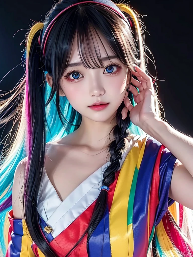 40-year-old Japanese woman、Black Hair、Hair is very short、Twin tails、Hatsune Miku Costume、Headphones、Flat Chest、Realistic photos、Realistic、8K quality、expensive、No bangs、High resolution, Highest quality, Anatomically correct, Winner of numerous awards, looking at the audience, large watery eyes, (rainbow colored hair：1.6), color splash, （solo：1.8）, color splash, color explosion, thick paint style, messy lines, ((shining))，(colorful), (colorful), (colorful), colorful, Thick Paint Style, (Splash) (Color Splash), Vertical Painting, Upper Body, Paint Splash, Acrylic Pigment, Gradient, Paint, Highest Image Quality, Highest Quality, Masterpiece, solo, Depth of Field (elegant: 1.3), (((masterpiece))),(((best quality))),((ultra-detailed)),(illustration),(dynamic angle),((floating)),(paint),((disheveled hair)),(solo),(1girl) , (((detailed anima face))),((beautiful detailed face)),collar,bare shoulders,white hair, ()),((streaked hair)),beautiful detailed eyes,(Gradient color eyes),(((colorful eyes))),(())),(((high saturation))),(((surrounded by colorful)、ストリートスナップ