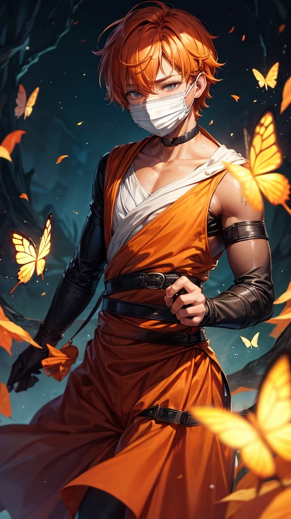 Boy Solo, Orange hair between eyes, with blindfold and butterflies around, Chapped lips, tears, mask/sale/face mask,