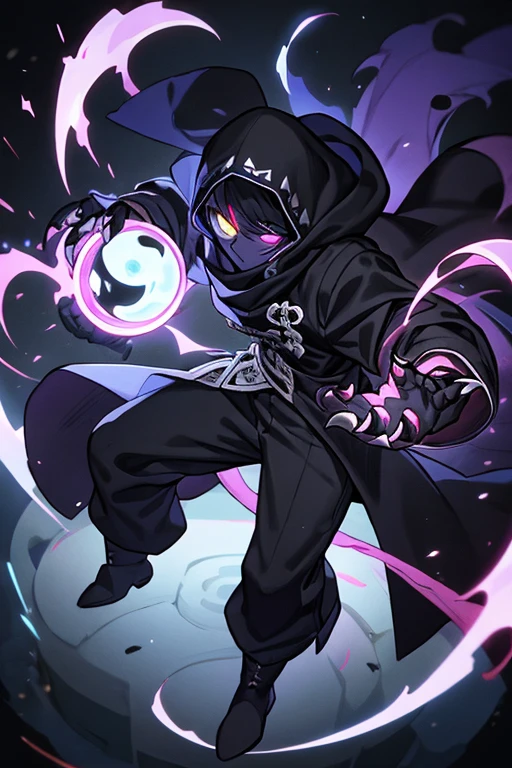 ((best quality)), ((masterpiece)), (detailed), 1 boy, full body, 23 years old, young adult, black scarf, bandage covering his mouth, white glowing eyes, 1 scratch on his right eye, pointed hood, black skin, disheveled hair, black coat, baggy sleeves, tall, thin, ripped sleeves, white zig zag marks on his coat, black portals, black fingers, black wristbands with white circles, black tentacles coming out of his coat, warlock, brooch with eye symbol on his coat, claws, black baggy pants, black boots, floating, floating books, darkness, night city background, anime