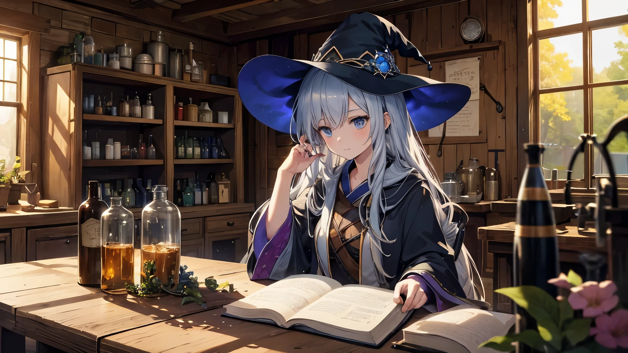 A detailed anime-style scene featuring a young witch in a cozy, rustic alchemical workshop. The witch has long, silver hair and is wearing a large, dark blue hat and robe adorned with intricate designs. She is carefully holding a potion bottle with steam rising from it, while various other colorful potion bottles are arranged on a wooden table in front of her. A curious cat sits beside her, watching intently. The workshop is filled with shelves stocked with herbs, books, and alchemical tools, and warm sunlight filters through a large window, casting a magical glow over the scene. The atmosphere is vibrant and magical, with detailed backgrounds and a focus on the witch's focused expression