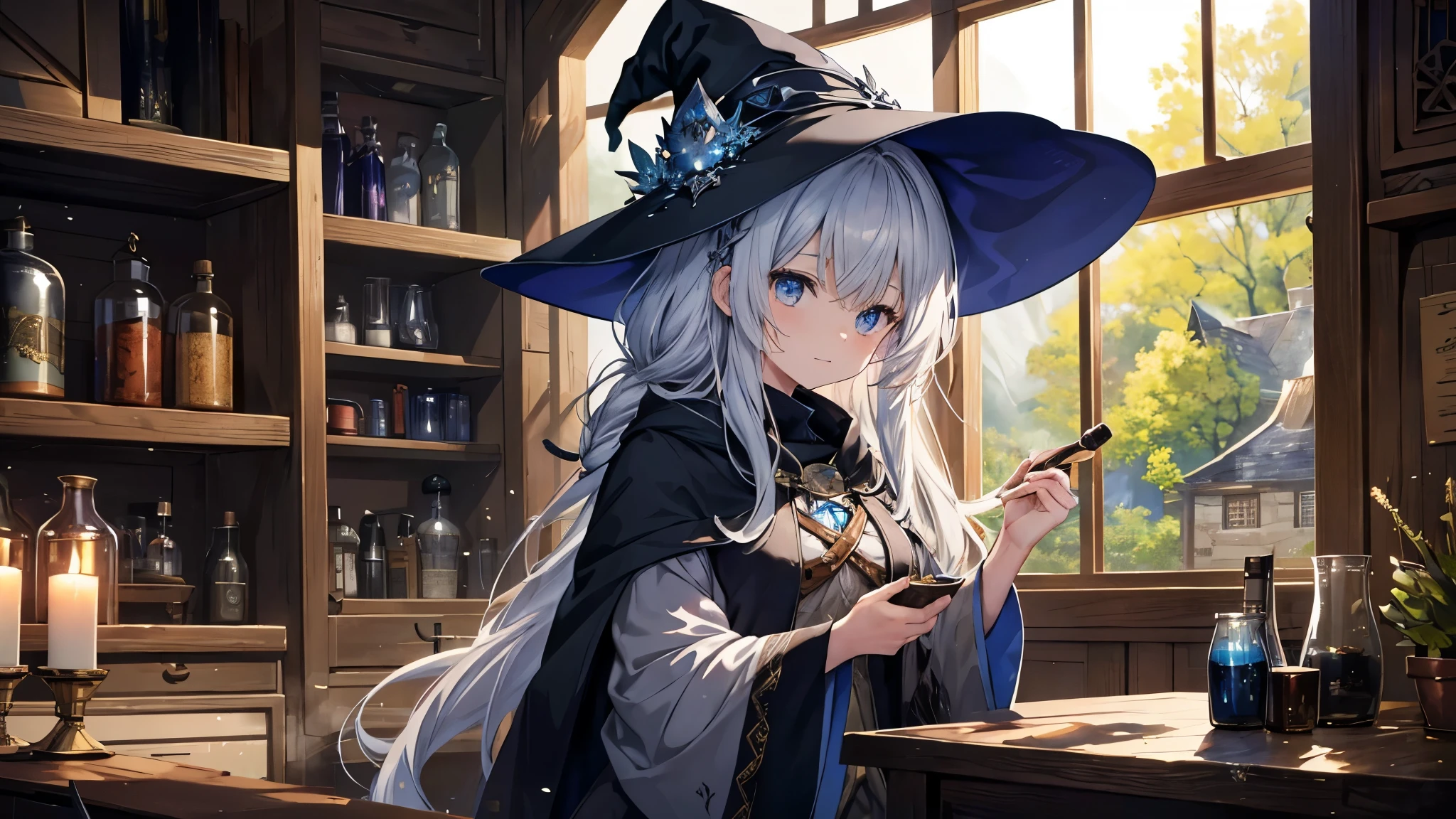 A detailed anime-style scene featuring a young witch in a cozy, rustic alchemical workshop. The witch has long, silver hair and is wearing a large, dark blue hat and robe adorned with intricate designs. She is carefully holding a potion bottle with steam rising from it, while various other colorful potion bottles are arranged on a wooden table in front of her. A curious cat sits beside her, watching intently. The workshop is filled with shelves stocked with herbs, books, and alchemical tools, and warm sunlight filters through a large window, casting a magical glow over the scene. The atmosphere is vibrant and magical, with detailed backgrounds and a focus on the witch's focused expression