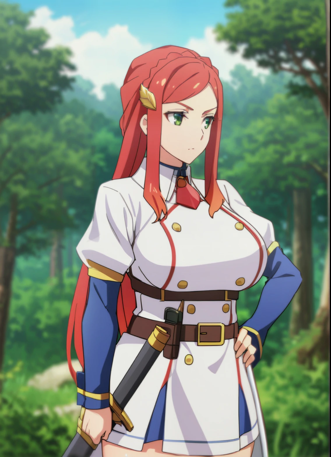 sysdeep_karnatia, 1girl, solo, long_hair, skirt, long_sleeves, thighhighs, closed_mouth, green_eyes, standing, braid, weapon, outdoors, cowboy_shot, red_hair, day, hairclip, belt, sword, miniskirt, large_breast, big_breast tree, looking_to_the_side, visible breast , hand_on_own_hip, blurry_background, visible_breast, white_skirt, sheath, nature, forest, sheathed, scabbard, karnatia_uniform, upper_body