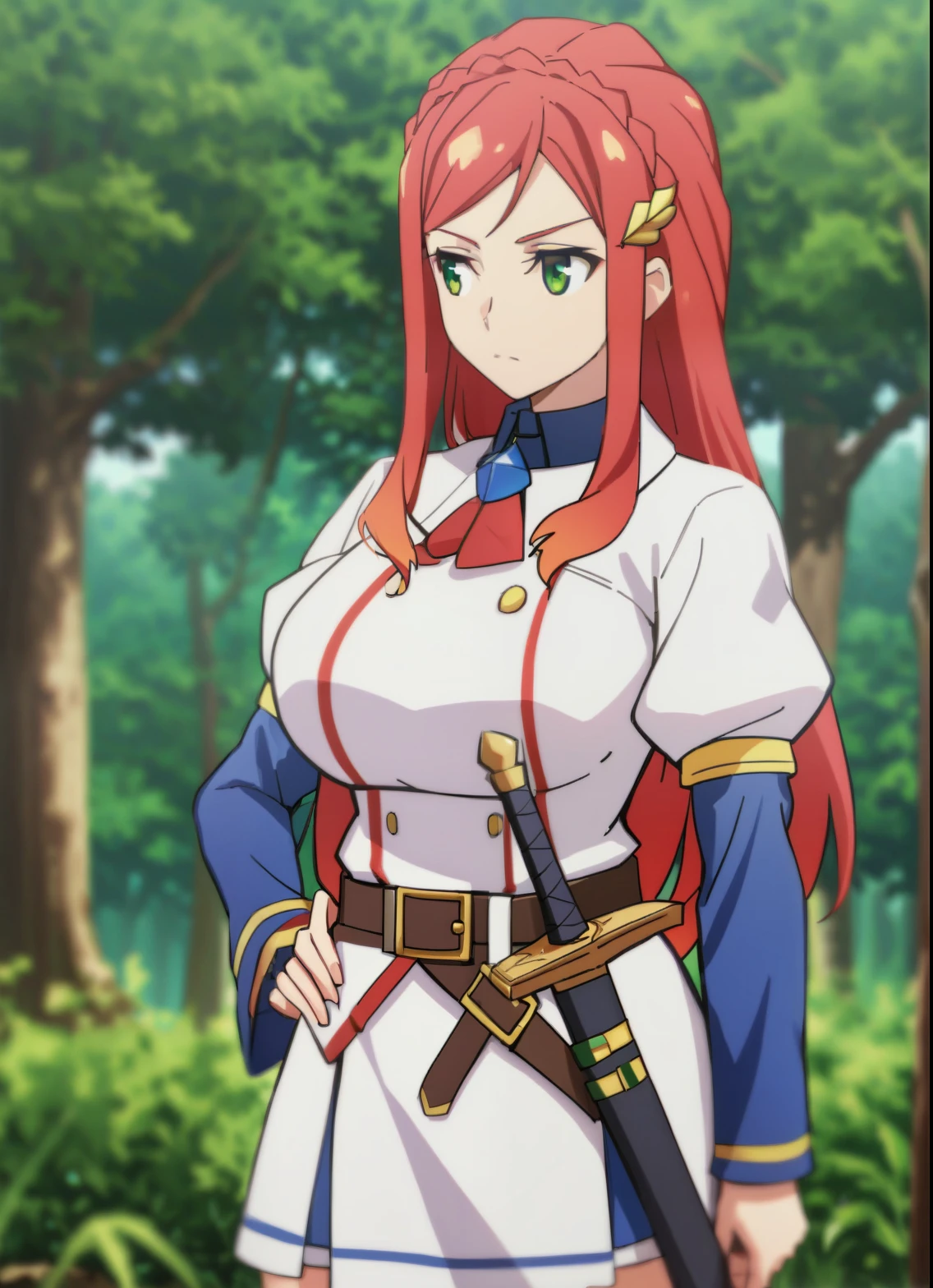 sysdeep_karnatia, 1girl, solo, long_hair, skirt, long_sleeves, thighhighs, closed_mouth, green_eyes, standing, braid, weapon, outdoors, cowboy_shot, red_hair, day, hairclip, belt, sword, miniskirt, large_breast, big_breast tree, looking_to_the_side, visible breast , hand_on_own_hip, blurry_background, visible_breast, white_skirt, sheath, nature, forest, sheathed, scabbard, karnatia_uniform, upper_body