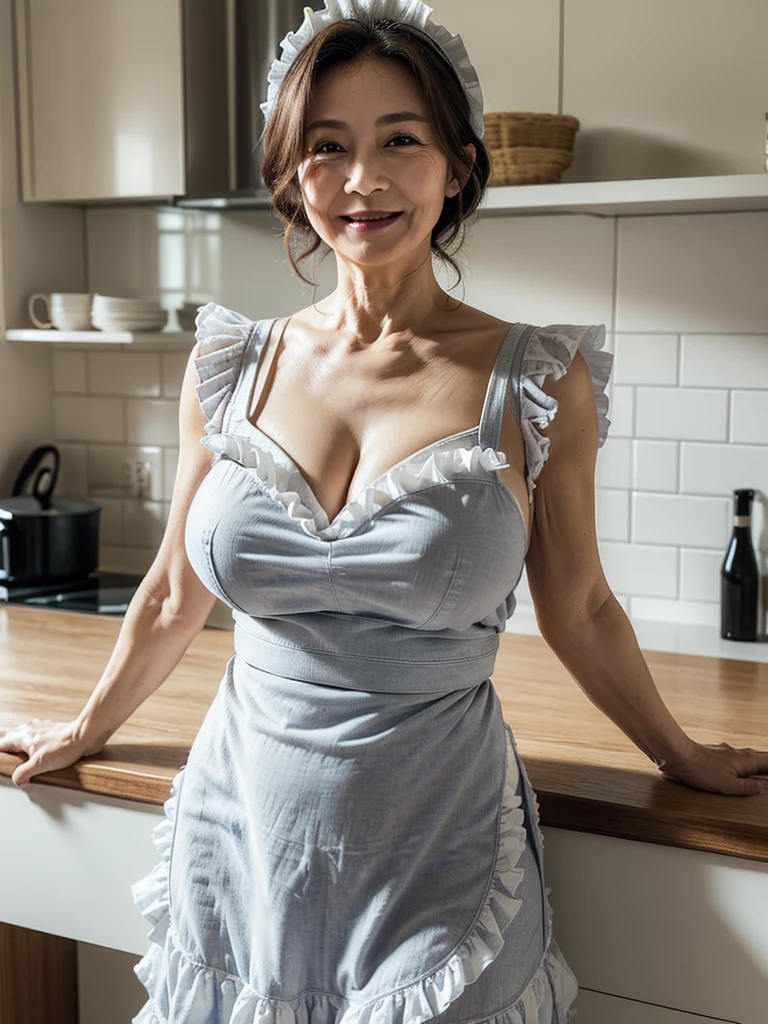 (top-quality, masterpiece,photo realistic,ultra-detailed,Textured skin:1.2),(Anatomically correct),(1 girl),professional lighting, break ((wearing apron),in kitchen, break (small breasts),drooping breasts,saggy breasts,break (japanese mature woman),(45 years old),smile,