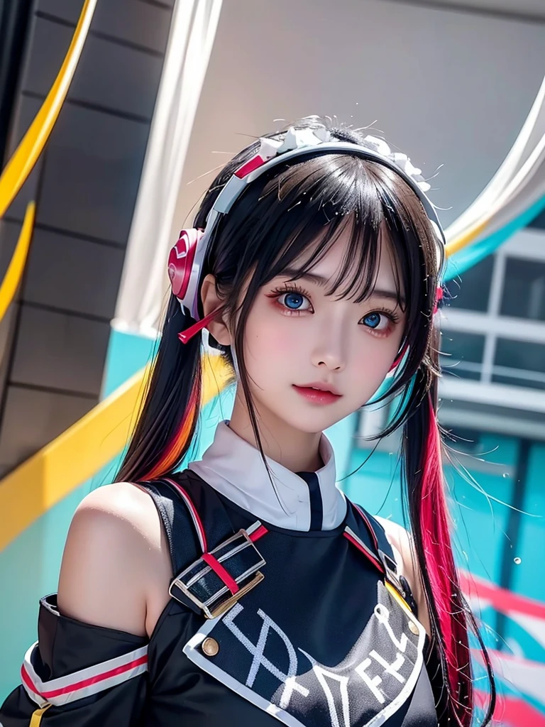 40-year-old Japanese woman、Black Hair、Hair is very short、Twin tails、Hatsune Miku Costume、Headphones、Flat Chest、Realistic photos、Realistic、8K quality、expensive、No bangs、High resolution, Highest quality, Anatomically correct, Winner of numerous awards, looking at the audience, large watery eyes, (rainbow colored hair：1.6), color splash, （solo：1.8）, color splash, color explosion, thick paint style, messy lines, ((shining))，(colorful), (colorful), (colorful), colorful, Thick Paint Style, (Splash) (Color Splash), Vertical Painting, Upper Body, Paint Splash, Acrylic Pigment, Gradient, Paint, Highest Image Quality, Highest Quality, Masterpiece, solo, Depth of Field (elegant: 1.3), (((masterpiece))),(((best quality))),((ultra-detailed)),(illustration),(dynamic angle),((floating)),(paint),((disheveled hair)),(solo),(1girl) , (((detailed anima face))),((beautiful detailed face)),collar,bare shoulders,white hair, ()),((streaked hair)),beautiful detailed eyes,(Gradient color eyes),(((colorful eyes))),(())),(((high saturation))),(((surrounded by colorful)、ストリートスナップ