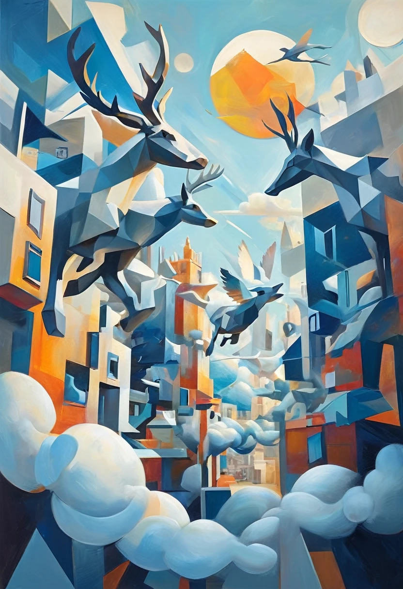"Visualize a cubist interpretation of a wolperinger made of deer, Duck and rabbit., floating through the sky above a lively and dynamic street. Decompose the shape of the wolpertinger into geometric shapes and fragmented planes, To capture its movement and energy in a unique and abstract way. Integrate strong grey, blue and white colors and sharp angles, to convey a feeling of movement and tension. Play with perspective and layering, to create a multidimensional composition, which questions traditional notions of space and form. Be inspired by the avant-garde spirit of Cubism and see nature in a fresh and innovative light.. Unleash your creativity, as you bring this imaginative scene to life on the screen 