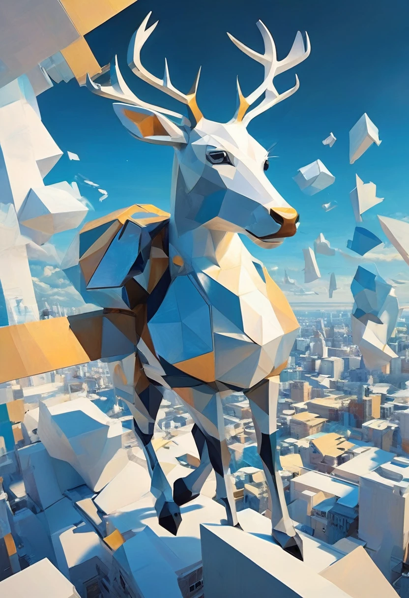 "Visualize a cubist interpretation of a wolperinger made of deer, Duck and rabbit., floating through the sky above a lively and dynamic street. Decompose the shape of the wolpertinger into geometric shapes and fragmented planes, To capture its movement and energy in a unique and abstract way. Integrate strong grey, blue and white colors and sharp angles, to convey a feeling of movement and tension. Play with perspective and layering, to create a multidimensional composition, which questions traditional notions of space and form. Be inspired by the avant-garde spirit of Cubism and see nature in a fresh and innovative light.. Unleash your creativity, as you bring this imaginative scene to life on the screen