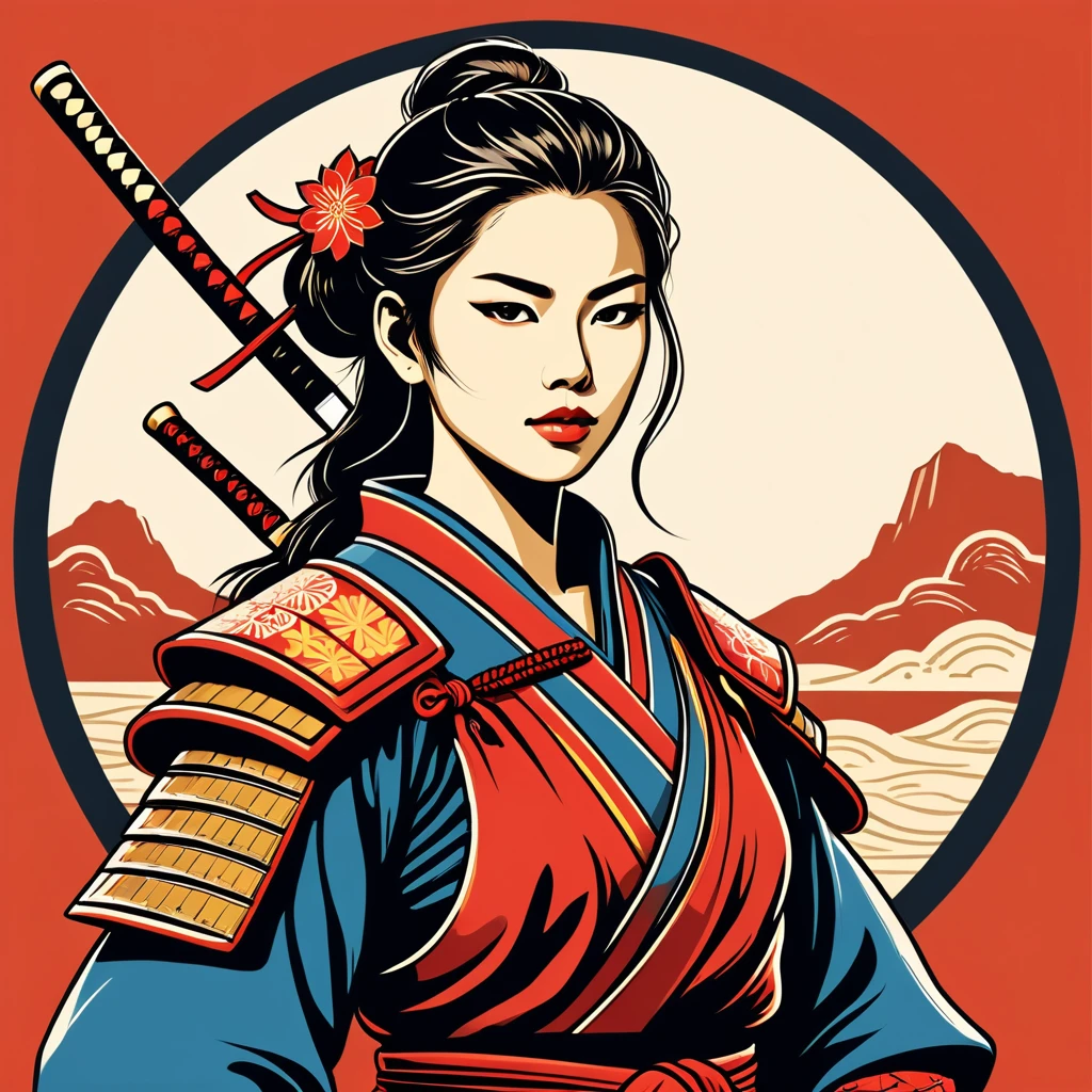 female	samurai	in spanish folk outfit	,vector graphics, strong contours, logo design																						