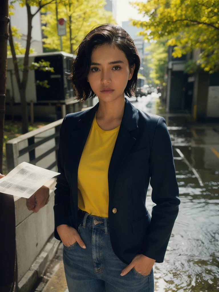 (Beauty shot:1.2), (Best quality:1.5), summer, (drizzling:1.3), 23y, 1girl, indonesian, (tight breast:1.3), yellow long sleeve shirt and jeans, sneakers, (perfect suit:1.3), (cute face:1.3), wavy short hair blowing in the wind, dramatic natural posing in tokyo outskirt, newspaper, film looks, cinematic lighting, shadow, sunlight, aesthetic, ultra highres, sharp focus, highly detailed, detailed face and eyes, film bokeh, surreal view, shot by eos c with 35mm lens, movie angle, Portrait by annie leibovitz, midjourney v6
