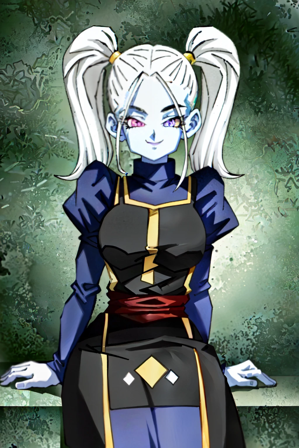 (extremely detailed CG unity 4k wallpaper),(masterpiece),(best quality),(ultra-detailed),(best illustration),(best shadow),(absurdres),(detailed background), Marcarita (Angel of Universe 11), Marcarita (Angel of Universe 11), 1girl, blue skin, solo, twintails, purple eyes, colored skin, breasts, smile, long hair, looking at viewer, medium breasts, sitting, puffy sleeves, white hair, long sleeves, dress