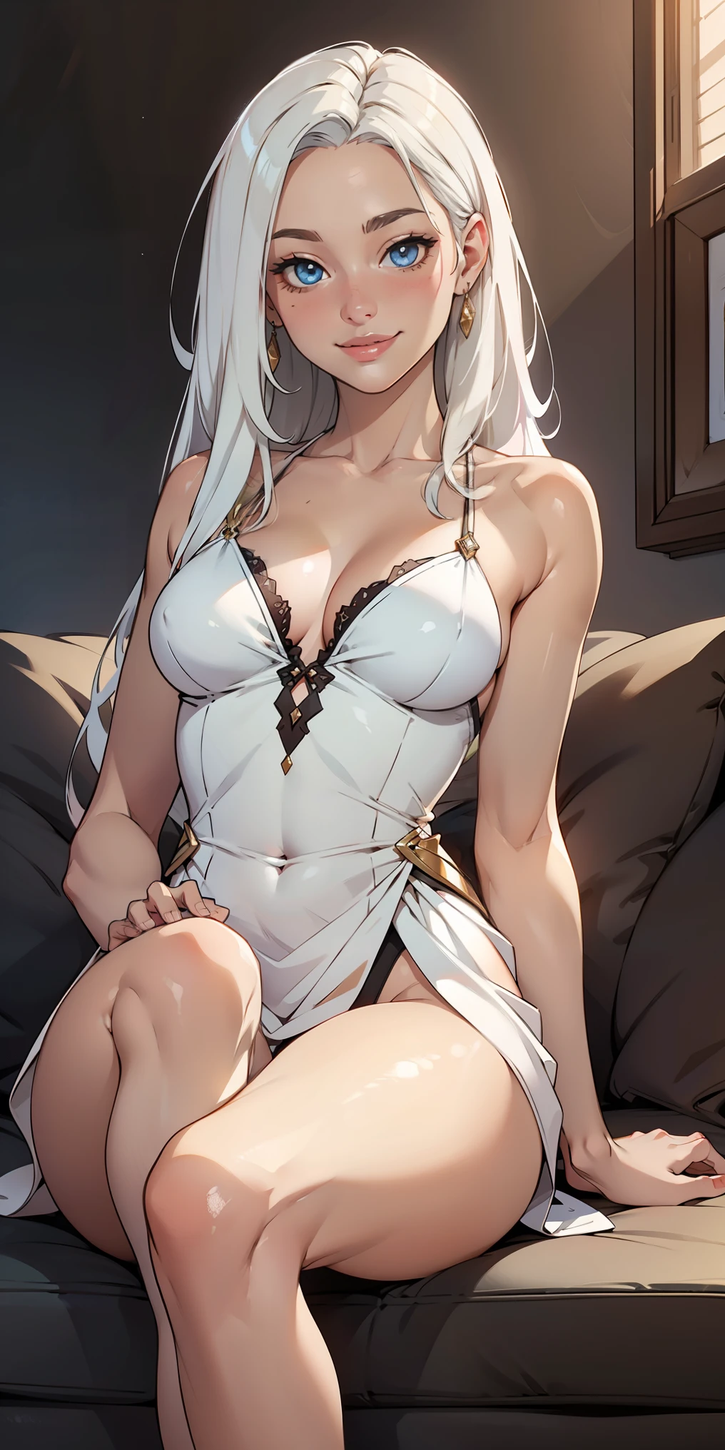 Hyper realistic super detailed sexy long white hair heterochromia smiling small breasts sitting open legs