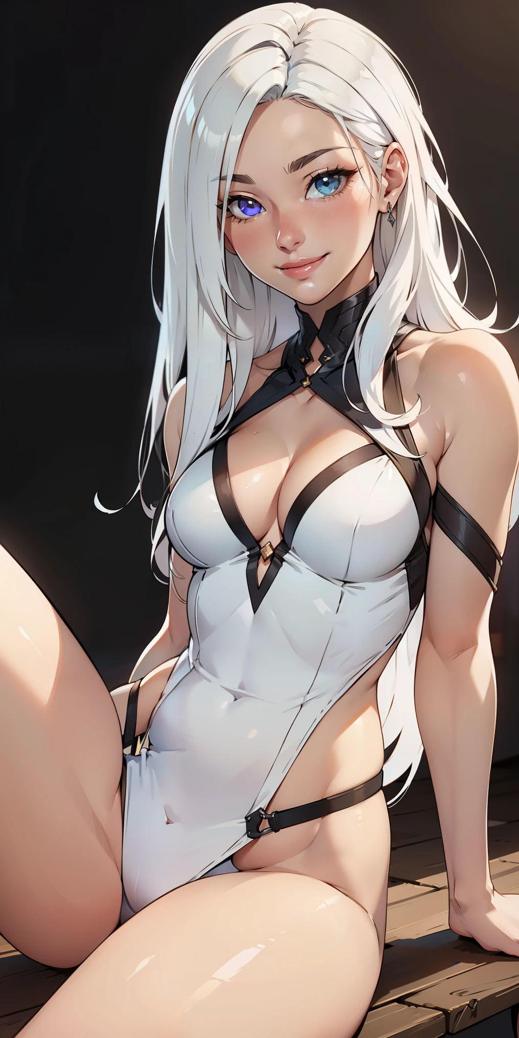 Hyper realistic super detailed sexy long white hair heterochromia smiling small breasts sitting open legs 