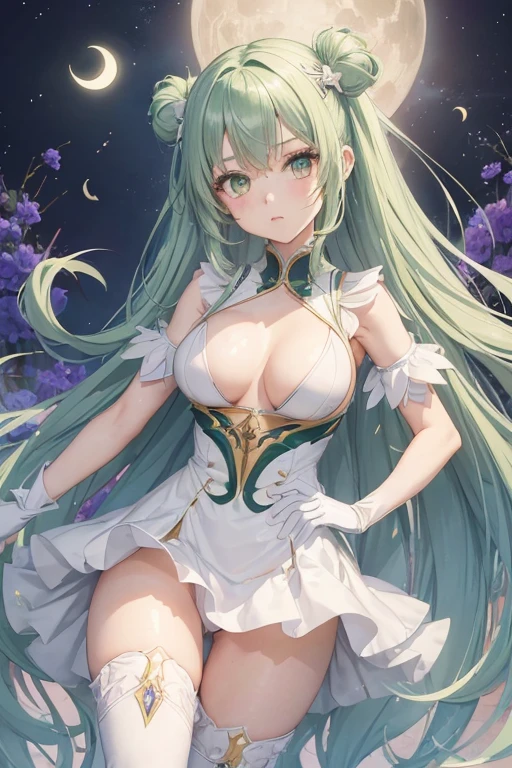 (girl1), (anime), white, with long green hair, jade green eyes, an 12 year old woman, with white stockings and a sexy dress, wearing a heroine costume consisting of a white sleeveless swimsuit with purple details and a yellow crescent moon on his chest. She also wears purple high boots, white gloves with spikes and metal plates on her waist and feet, look at her (breast size, they are size AAAA+:1.5),(Small body height of a :1.2)
