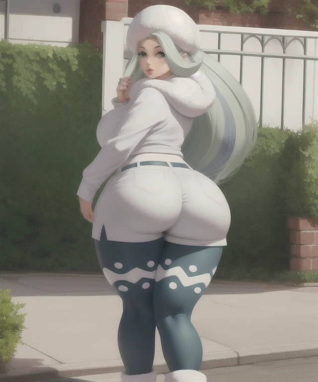 (best quality), (masterpiece), 1 girl, early 20's, huge heavy breasts, busty, massive breasts, thick, thick lips, wide hips, thin waist, white headwear, fur hat, mature female, wide hips, round face, big ass, huge ass, thighs, white pantyhose, long hair, shorts, white footwear, legwear under shorts, white headwear, fur hat, mature female, white sweater, long sleeves, white scarf, melony