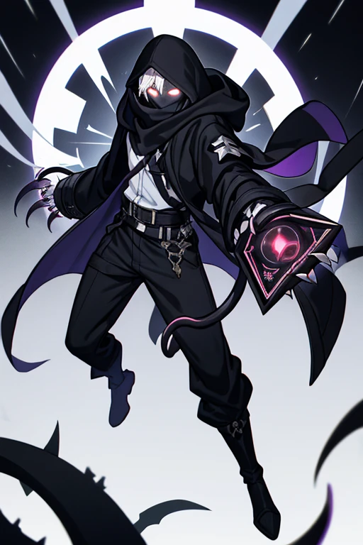 ((best quality)), ((masterpiece)), (detailed), 1 boy, full body, 23 years old, young adult, black scarf, bandage covering his mouth, white glowing eyes, 1 scratch on his right eye, pointed hood, white hair, black skin, disheveled hair, black coat, baggy sleeves, tall, thin, ripped sleeves, white zig zag marks on his coat, black portals, black fingers, black wristbands with white circles, black tentacles coming out of his coat, warlock, brooch with eye symbol on his coat, claws, black baggy pants, black boots, floating, floating books, darkness, night city background, anime