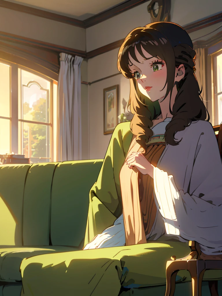 Two twin girls, brown hair, emerald green eyes, {anime style} {best quality} they are sitting in an armchair in the living room (common room, European design, average European house) (background perspective, inclined 20 degrees to the left of the twins' position)