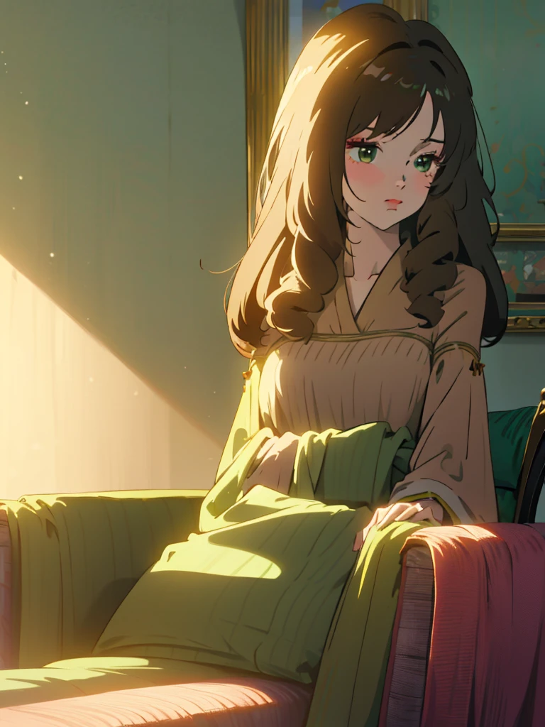 Two twin girls, brown hair, emerald green eyes, {anime style} {best quality} they are sitting in an armchair in the living room (common room, European design, average European house) (background perspective, inclined 20 degrees to the left of the twins' position)
