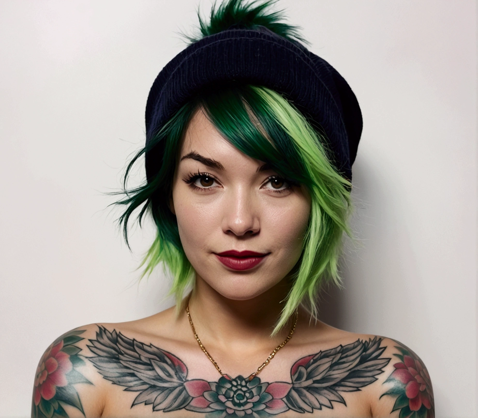 Genera una escena festiva donde una influencer A woman with green and pink hair poses against a green backdrop, her face framed by tattoos. She gazes directly at the camera, a delicate necklace adorning her neck. Her posture is relaxed, her expression calm. Ice skate at Rockefeller Center during the Christmas season., Keep warm in a stylish faux fur coat and knitted hat. Her hair is tied up in a cozy scarf.., reflecting the joy and magic of New York City in winter. fitted body. copa F. big . different poses. neckline. tan skin color. different angles. sexy.