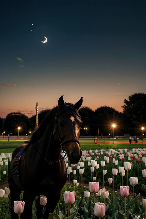 A field of tulips with the moon in the background and a black horse