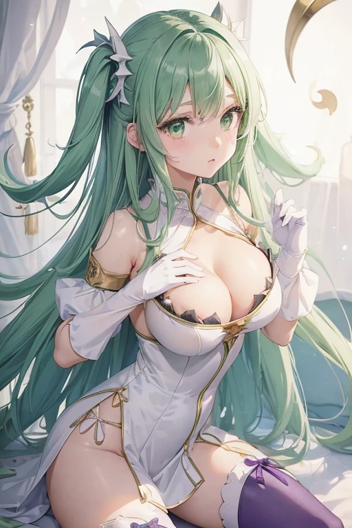 (girl1), (anime), white, with long green hair, jade green eyes, an 8 year old woman, with white stockings and a sexy dress, wearing a heroine costume consisting of a white sleeveless swimsuit with purple details and a yellow crescent moon on his chest. She also wears purple high boots, white gloves with spikes and metal plates on her waist and feet, look at her (breast size, they are size AAAA+:1.5),(Small body height of a :1.2)