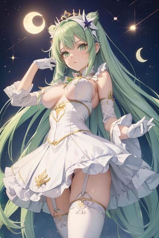 (girl1), (anime), white, with long green hair, jade green eyes, an 8 year old woman, with white stockings and a sexy dress, wearing a heroine costume consisting of a white sleeveless swimsuit with purple details and a yellow crescent moon on his chest. She also wears purple high boots, white gloves with spikes and metal plates on her waist and feet, look at her (breast size, they are size AAAA+:1.5),(Small body height of a :1.2)