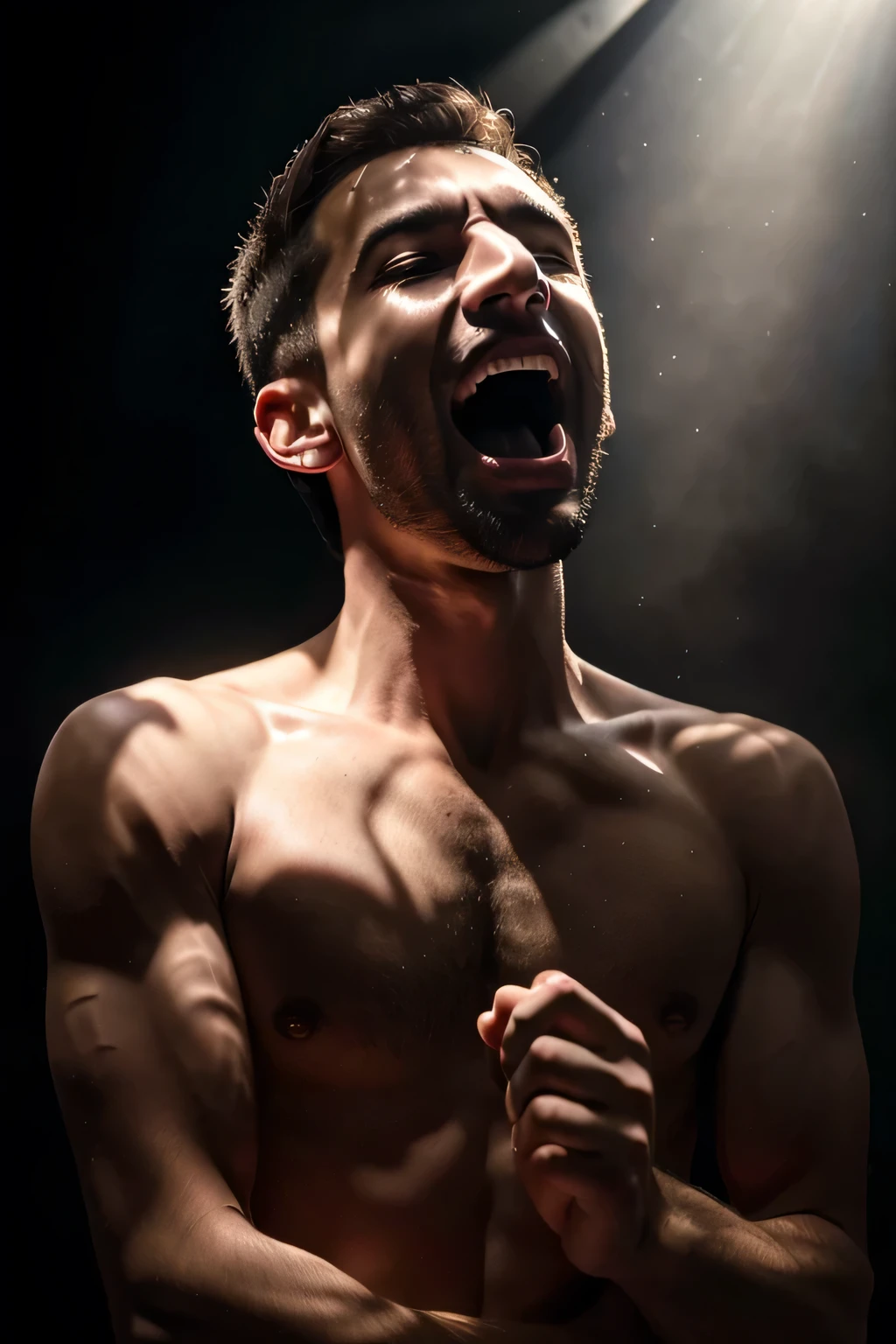 Male man screaming in pleasure. Expression of satisfaction and happiness 4K resolution captures every detail, from the texture of the dress's fabric to the delicate play of shadows and light on the skin. vivid, emotionally charged moment."