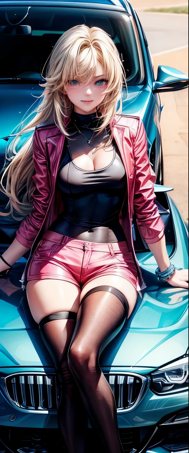 1girl,sit on a car,bmw sports car,pinkish background,medium breast,jacket,v neck,maintain figure,blonde hair,blue eyes,hot pants,thigh socks,bracelets,high quality,best quality,master piece,detail hair,detail face,good anatomy,seductive smile,long nails, slim body