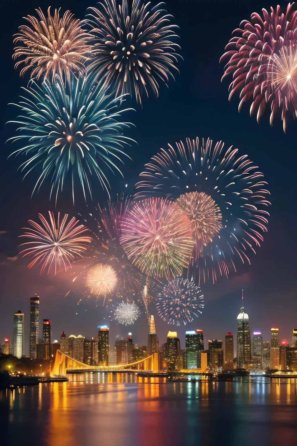 A festive New Year postcard with a cute themed central image, featuring enchanting fireworks lighting up the pristine midnight background, silhouette of a cityscape below, digital painting, vibrant colors, large, clear, high resolution, enhanced stylization for an ultra-clear effect, cute aesthetic