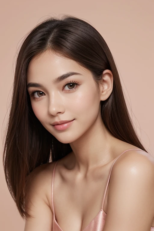 face: Oval shaped, light complexion with a light natural blush. Harmonious and delicate features. eyes: big ones, almond-shaped and deep blue. long and defined eyelashes. hair: long, straight and dark brown with golden reflections. Normally worn loose, with an elegant and natural style. nose: Small and slightly upturned. Lips: full, of a soft pink tone, with a light smile always present. eyebrows: Arched, Thick and well defined, slightly darker in color than hair.