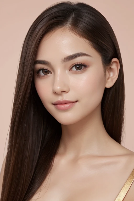 face: Oval shaped, light complexion with a light natural blush. Harmonious and delicate features. eyes: big ones, almond-shaped and deep blue. long and defined eyelashes. hair: long, straight and dark brown with golden reflections. Normally worn loose, with an elegant and natural style. nose: Small and slightly upturned. Lips: full, of a soft pink tone, with a light smile always present. eyebrows: Arched, Thick and well defined, slightly darker in color than hair.
