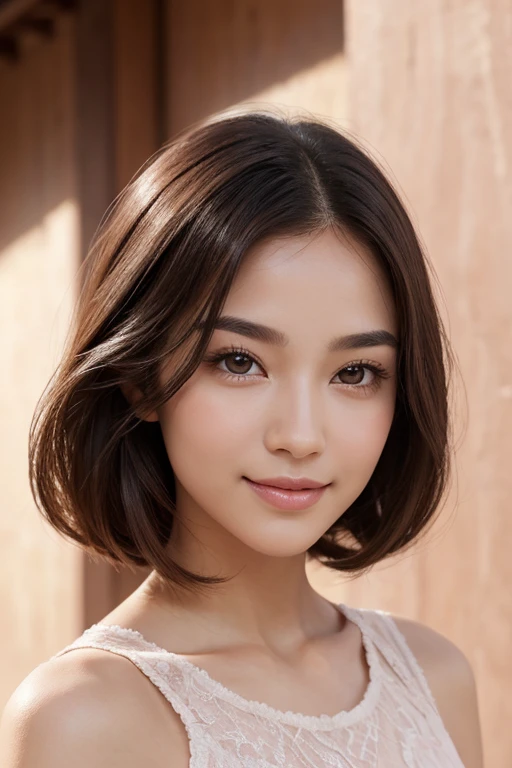 face: Oval shaped, light complexion with a light natural blush. Harmonious and delicate features. eyes: big ones, almond-shaped and deep blue. long and defined eyelashes. hair: long, straight and dark brown with golden reflections. Normally worn loose, with an elegant and natural style. nose: Small and slightly upturned. Lips: full, of a soft pink tone, with a light smile always present. eyebrows: Arched, Thick and well defined, slightly darker in color than hair.