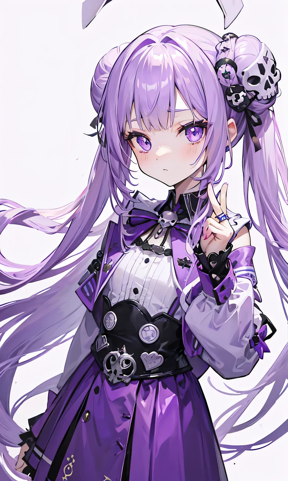 Long purple hair with double ponytail，Ring bun，Silver skull decoration，Purple and white clothes，Smart little girl，The face is cute like a rabbit