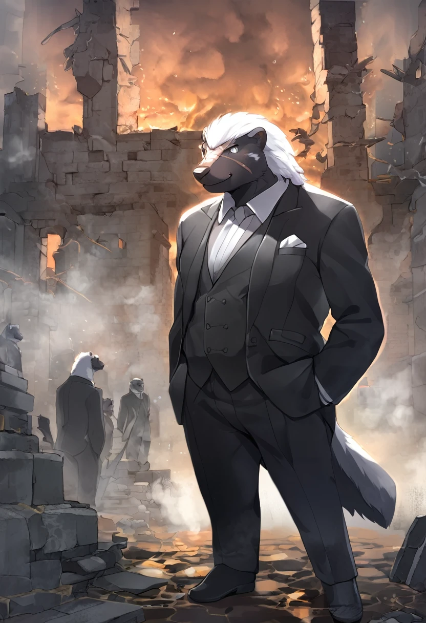 honey badger，personification，Mature male，strong，Scars on face，Fierce，Silver pupils，Black suit suit，Hands in pockets，The Age of Steam，ruins，Look behind you，Facing the audience。