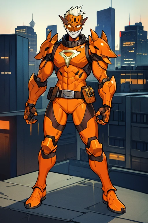 ((best quality)), ((masterpiece)), (detailed), 1 man, full body, 54 years old, senior citizen, masked, eye mask, orange mask that covers half of his face, spiked mask, evil smile, metal goblin ears, gremlin, yellow cat eyes, white hair sticking out of the top, mohawk, brown collar, tall, very thin, hunched over, long metal claws, spikes on his forearms, brown details, brown fingerless gloves, orange wristbands, orange nanotech suit, light armor, orange chest with an emblem, high shoulder pads, orange suit with brown stripes, brown tiger stripes, triangle emblem on his chest, orange emblem, orange pants, orange knee pads, metallic orange boots, metallic orange shoes, brown superhero belt, standing on a building, city background, anime
