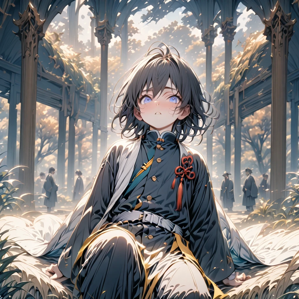 (masterpiece, best quality), intricate details, 1boy, age 19, black hair, A black gakuran jacket, a white belt, baggy chocho zubon pants, and bands of white cloth wrapped tightly around calves resembling kyahan. giyu tomioka \(demon slayer\), centre of the canvas, , medium hair, gakuran jacket, black gakuran jacket, male focus,[atterned haori, boots, nature, scenery, upper body, clearly visible body parts, no body parts cut, straw hat,