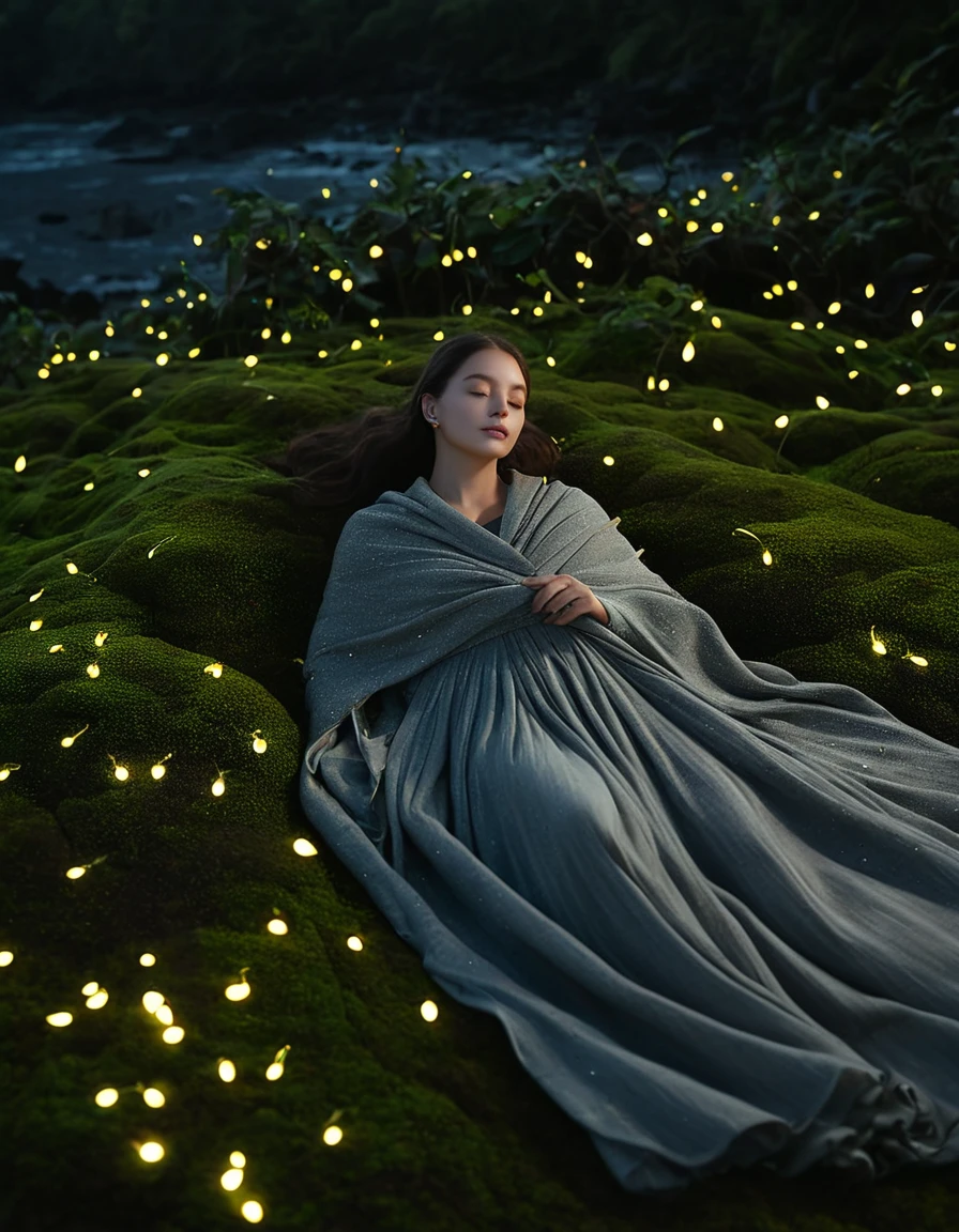 A surreal landscape unfolds under the starry night sky of Jeju Island, where fireflies dance in mesmerizing harmony. A young woman, adorned with dark brown hair and oval facial features, lies serenely on moss-covered ground, wrapped in a ash gray shawl that harmonizes with the surroundings. The soft glow of fireflies reflects off her face, imbuing an ethereal radiance. Minimal yet elegant accessories - silver bracelet and stud earrings - complement her peaceful expression and relaxed pose, as she gazes upward, immersed in the tranquil atmosphere.