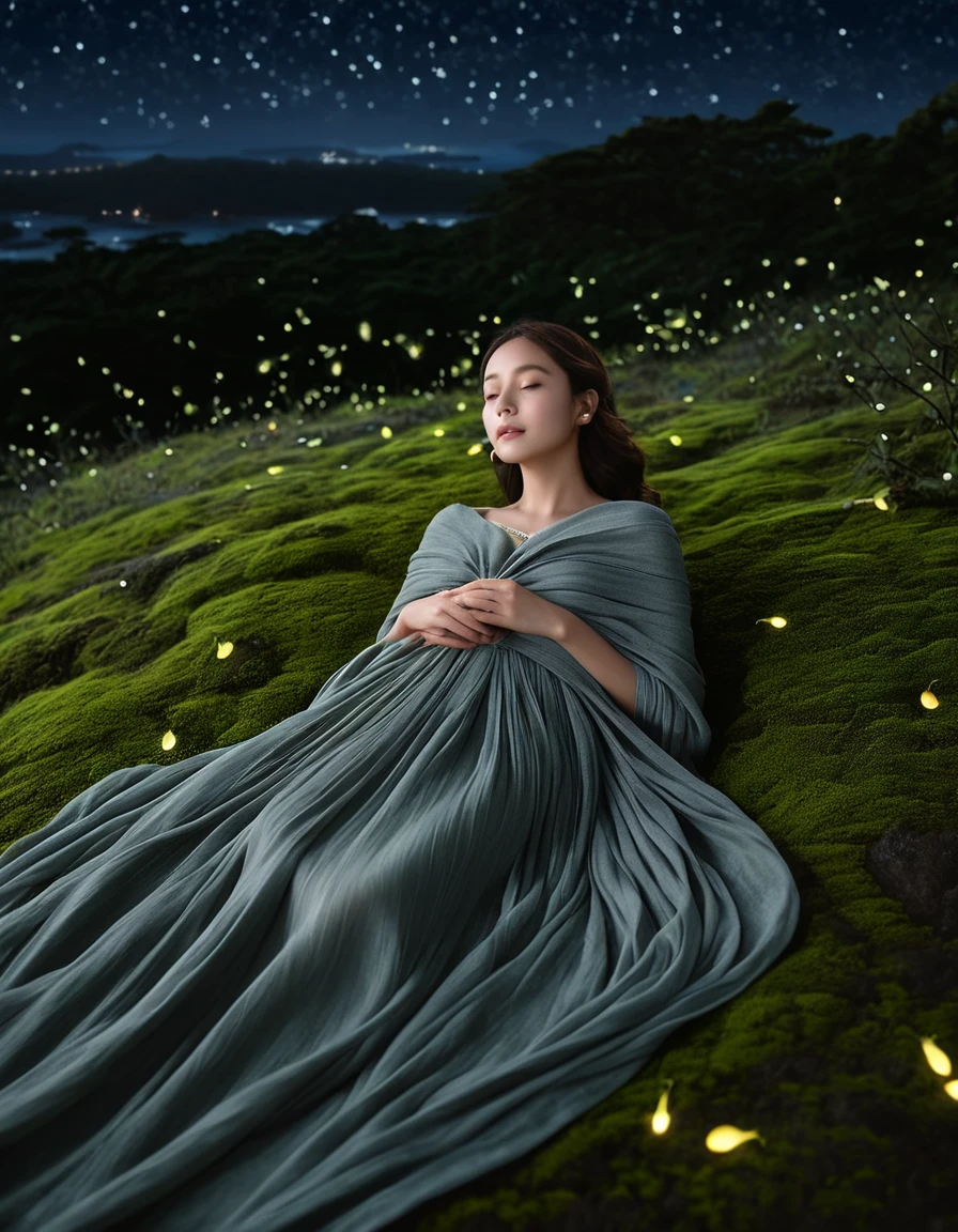A surreal landscape unfolds under the starry night sky of Jeju Island, where fireflies dance in mesmerizing harmony. A young woman, adorned with dark brown hair and oval facial features, lies serenely on moss-covered ground, wrapped in a ash gray shawl that harmonizes with the surroundings. The soft glow of fireflies reflects off her face, imbuing an ethereal radiance. Minimal yet elegant accessories - silver bracelet and stud earrings - complement her peaceful expression and relaxed pose, as she gazes upward, immersed in the tranquil atmosphere.
