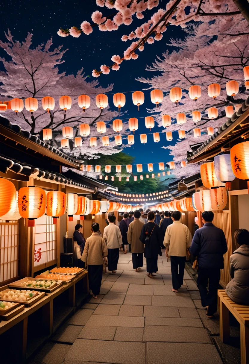 A magical and enchanting scene of a traditional Japanese festival at night. The setting is illuminated by hundreds of glowing lanterns hanging from strings, creating a warm and inviting atmosphere. People dressed in colorful yukatas are seen walking around, enjoying various festival activities. Stalls are lined up, offering traditional Japanese foods like takoyaki and yakisoba, and game stalls with goldfish scooping and ring toss. Cherry blossom trees in full bloom add to the beauty, their petals gently falling in the soft breeze. The night sky is clear, with stars twinkling above, and the distant sound of taiko drums and flutes creates a festive yet mystical ambiance.",
"size": "1792x1024"