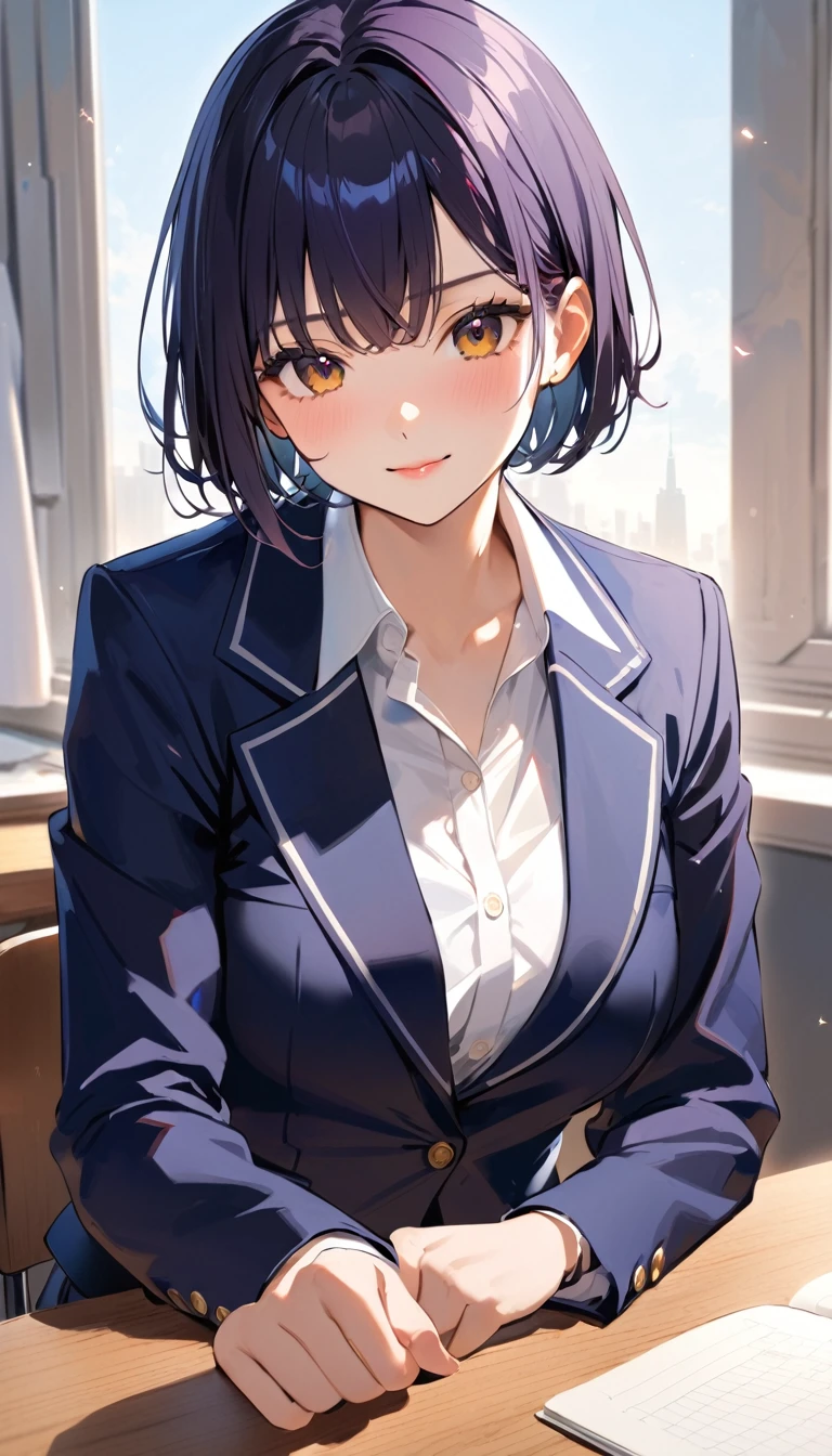 A high school girl with black short bob hair, wearing a navy blazer ,
