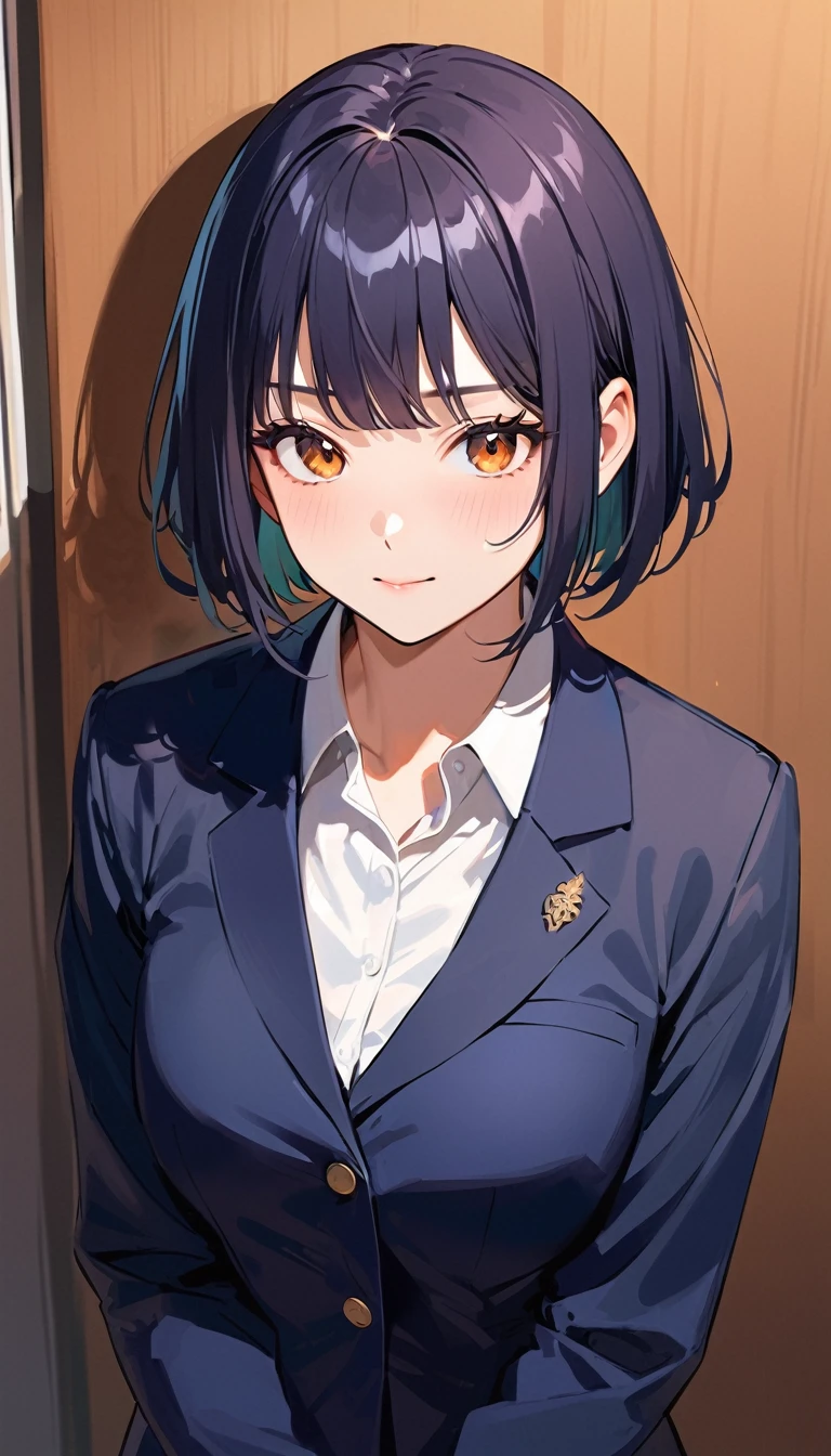 A high school girl with black short bob hair, wearing a navy blazer ,