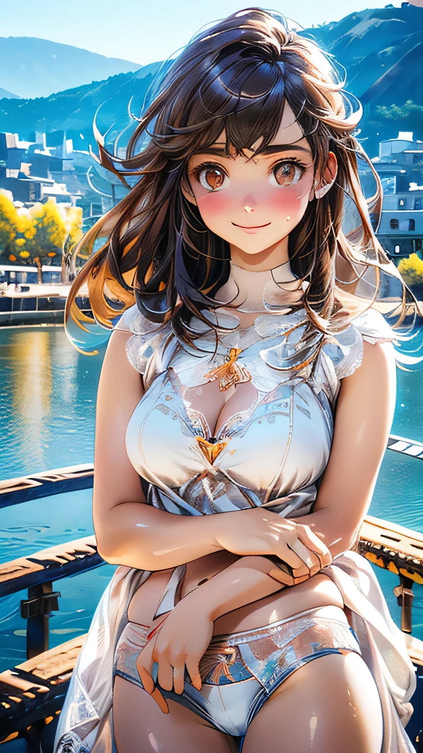 (masterpiece:1.2, Highest quality), (Realistic, photoRealistic:1.4), Beautiful illustrations, (Natural Side Lighting, Cinema Lighting), ((cowboy shot))
View your viewers, 1 girl, Japanese, Junior high school girl, , Perfect Face, cute and symmetrical face, Glowing Skin, thin,
(Mid-length hair:1.2, Half Up:1.4, Light brown hair), Asymmetrical bangs, Brown eyes, Long eyelashes, (Mid-chest:0.7),
Beautiful Hair, Beautiful Face, Beautiful details, Beautiful clavicle, Beautiful body, Beautiful fingers, (((Panties are visible))) ((Very large saggy tits)), ((In underwear、White lace underwear))((Fullback panties))Underarm , Slightly , Very large breasts, Full body angle, 14 year old woman , Thick thighs
((Detailed cloth texture)),
(Beautiful views), evening, (River side), Are standing, (cute, cute smile, Upward glance),