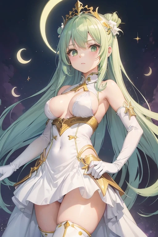 (girl1), (anime), white, with long green hair, jade green eyes, an 8 year old woman, with white stockings and a sexy dress, wearing a heroine costume consisting of a white sleeveless swimsuit with purple details and a yellow crescent moon on his chest. She also wears purple high boots, white gloves with spikes and metal plates on her waist and feet, look at her (breast size, they are size AAAA+:1.5),(Small body height of a loli:1.2),(Body height of an 8-year-old child:1.2)