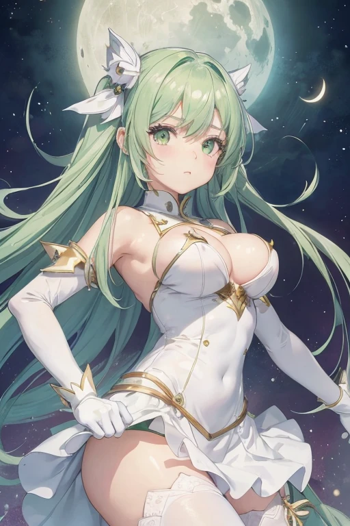 (girl1), (anime), white, with long green hair, jade green eyes, an 8  woman, with white stockings and a sexy dress, wearing a heroine costume consisting of a white sleeveless swimsuit with purple details and a yellow crescent moon on his chest. She also wears purple high boots, white gloves with spikes and metal plates on her waist and feet, look at her (breast size, they are size AAAA+:1.5),(Small body height of a loli:1.2),(Body height of an 8-year-oldld:1.